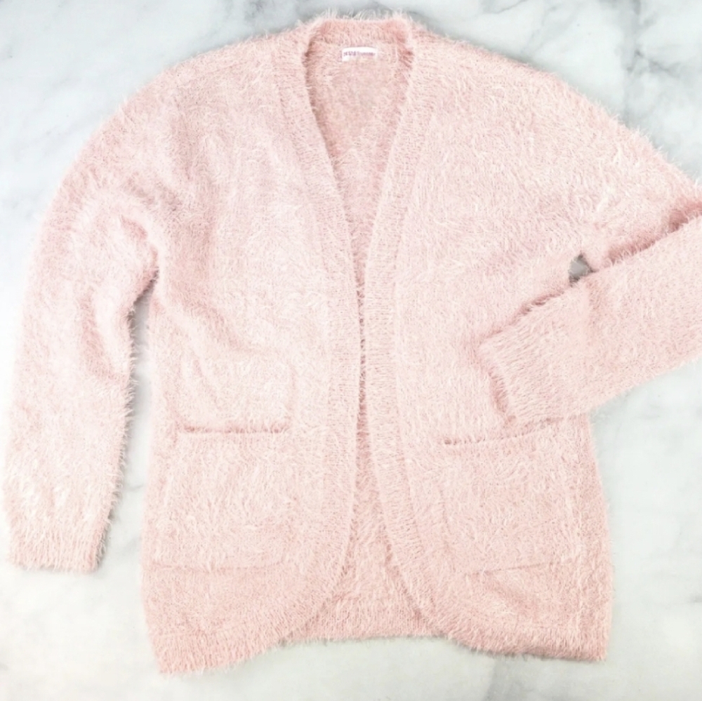 Design History: Cozy & Soft Feather Yarn Open Front Cardigan,Pockets| Blush Pink